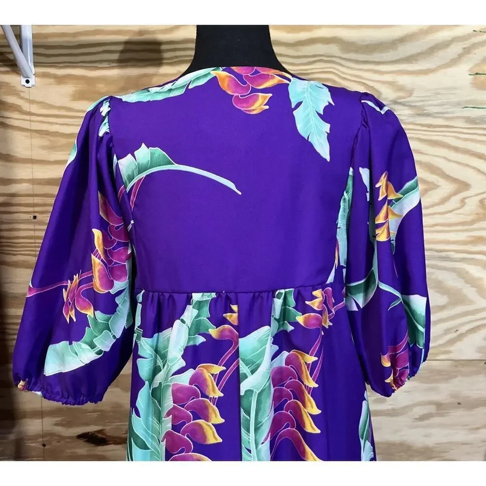 Vtg Hilo Hattie Hawaiian Tropical Floral Mumu Puff Sleeve Midi Dress Purple M - Picture 9 of 10